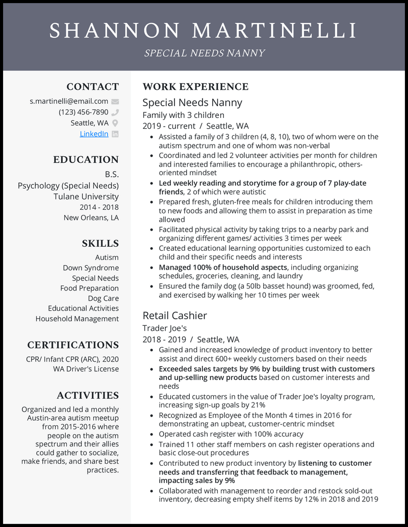 Special needs nanny resume example with 4 years of experience