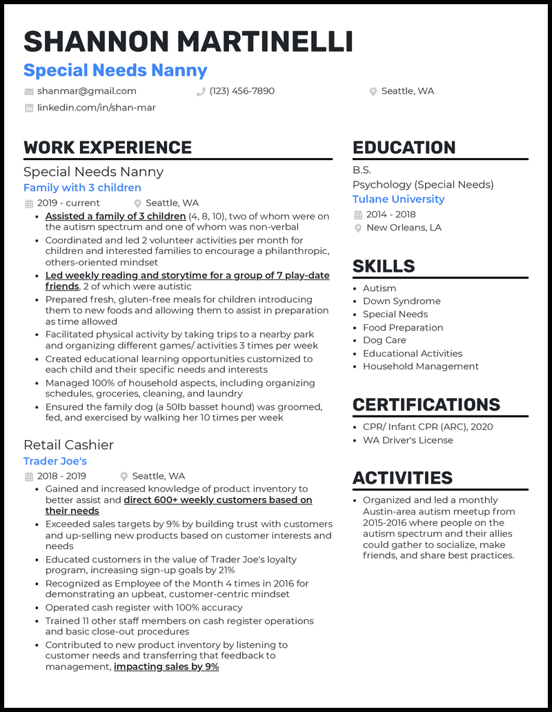 Formal special needs nanny resume example