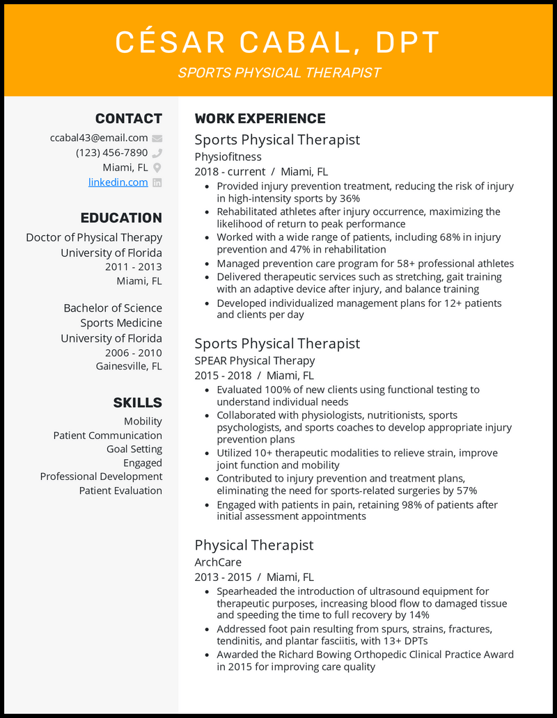 sample resume for fresh graduate physical therapist