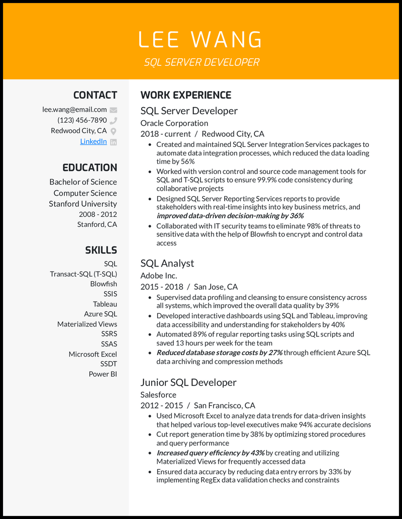 SQL Server Developer resume example with 11 years experience