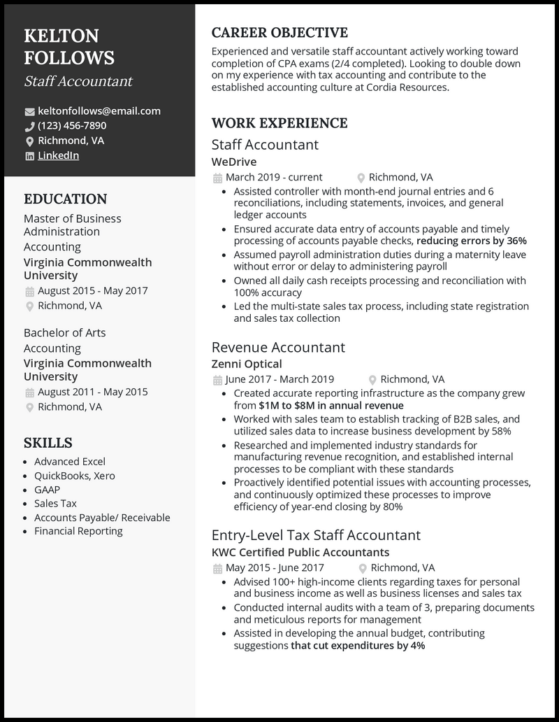 Staff accountant resume example with 7+ years experience