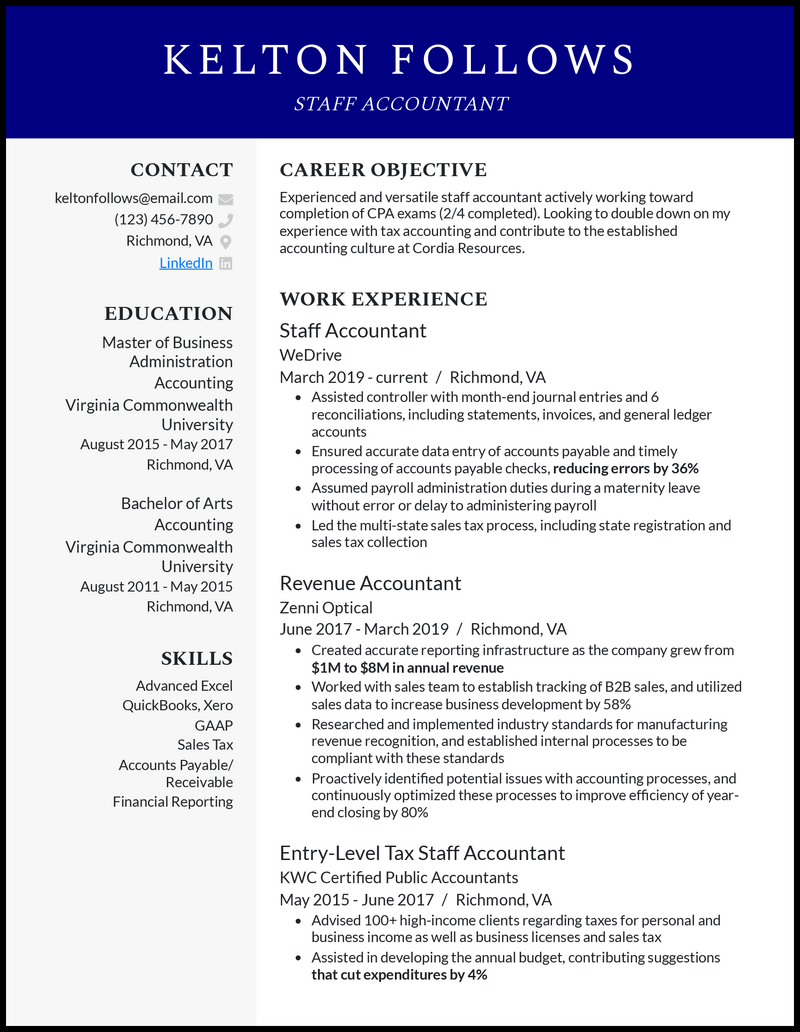 Professional staff accountant resume example