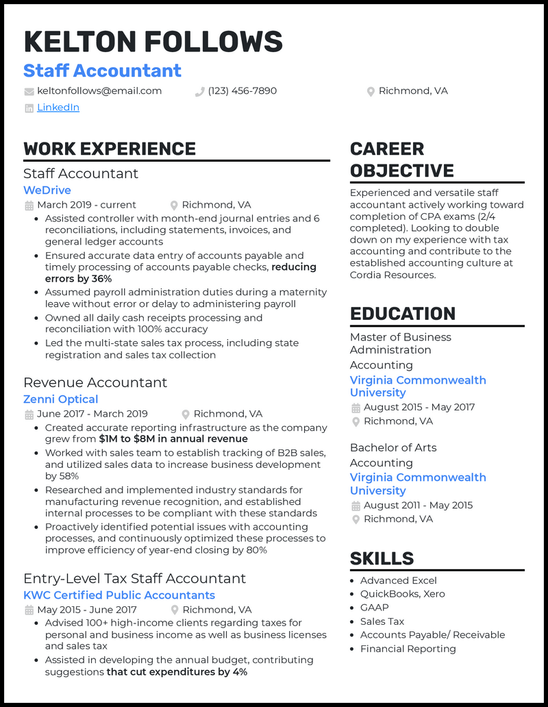 Modern staff accountant resume example