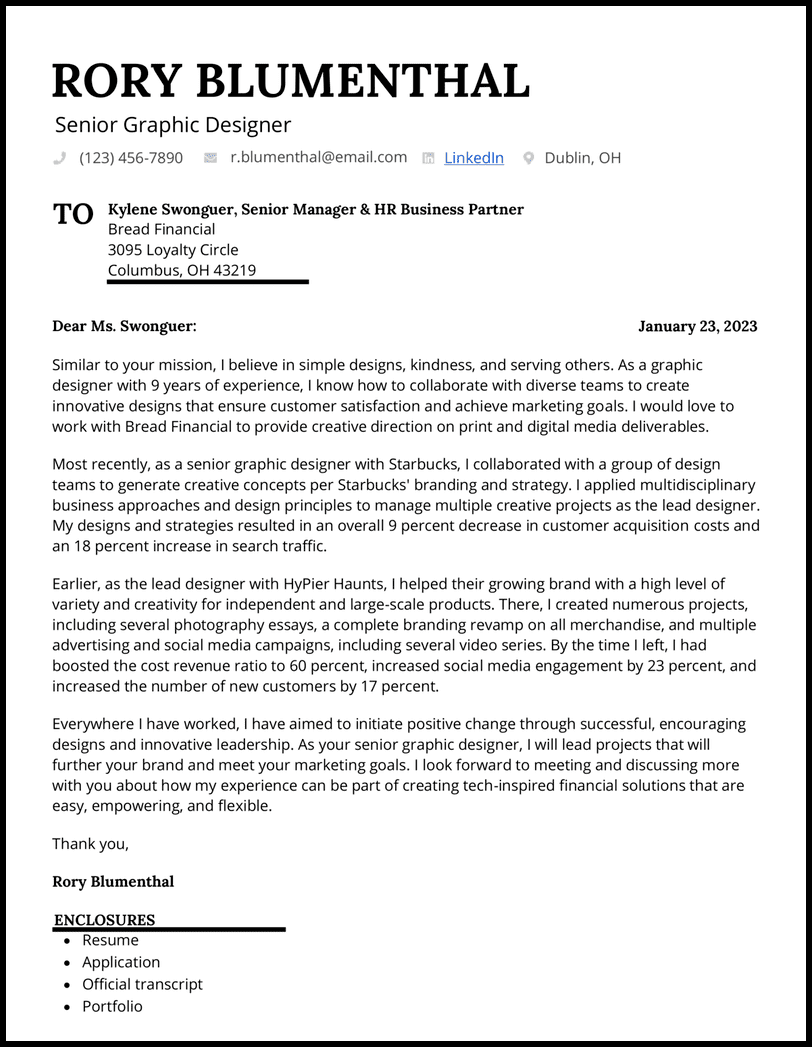 cover letter for a graphic design job sample