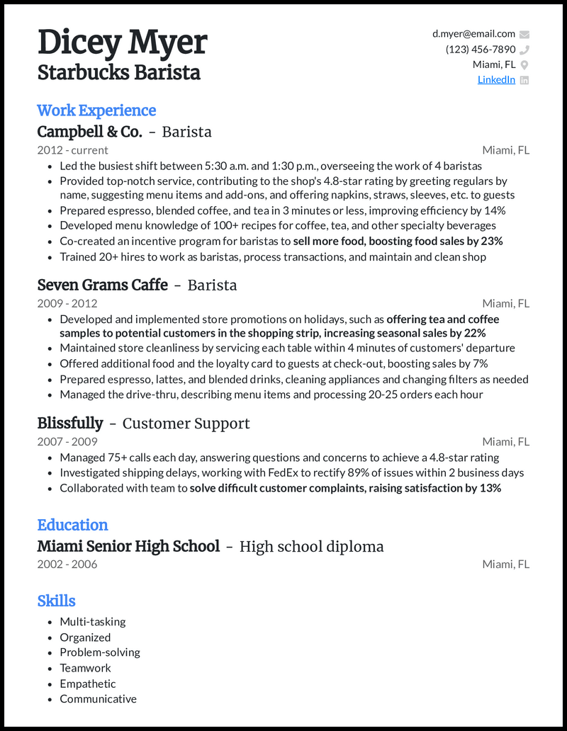 barista summary resume