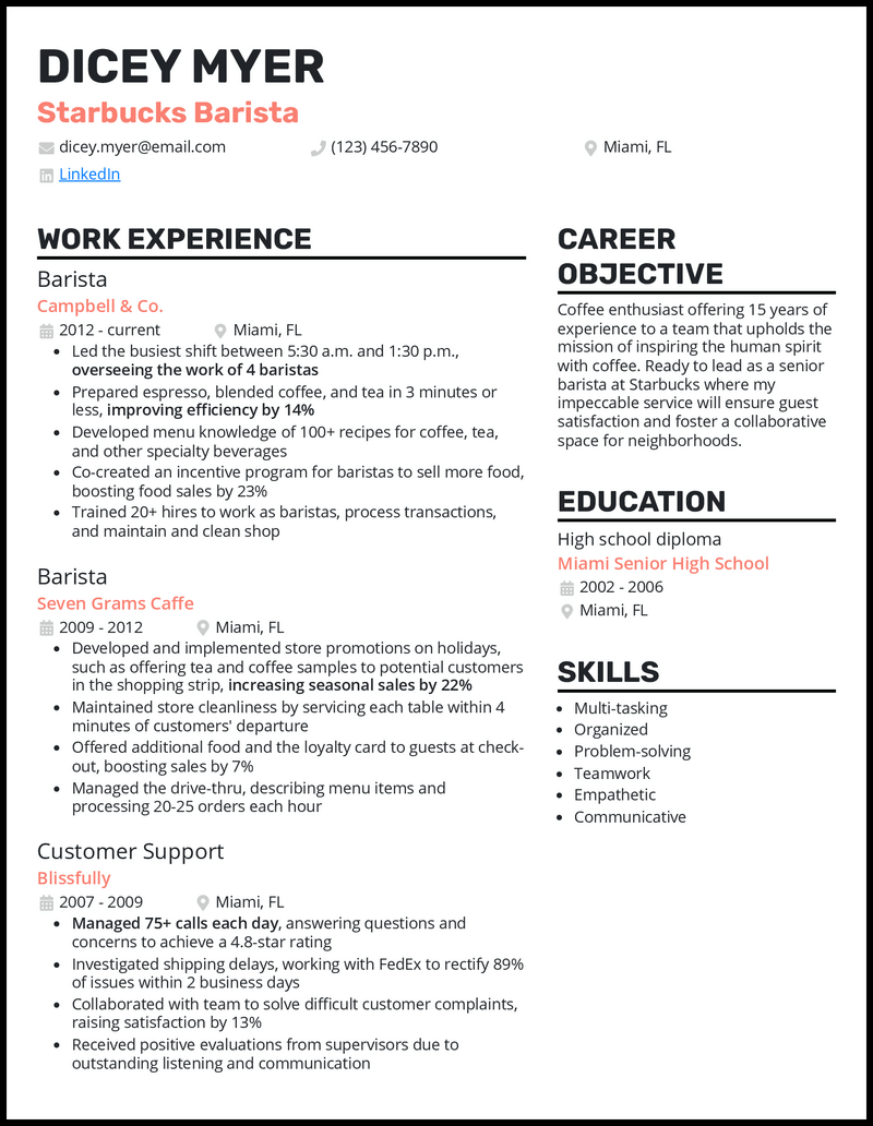 Starbucks barista resume example with 7+ years experience