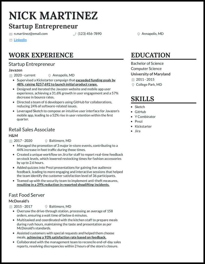 Startup entrepreneur resume example with 3 years of experience