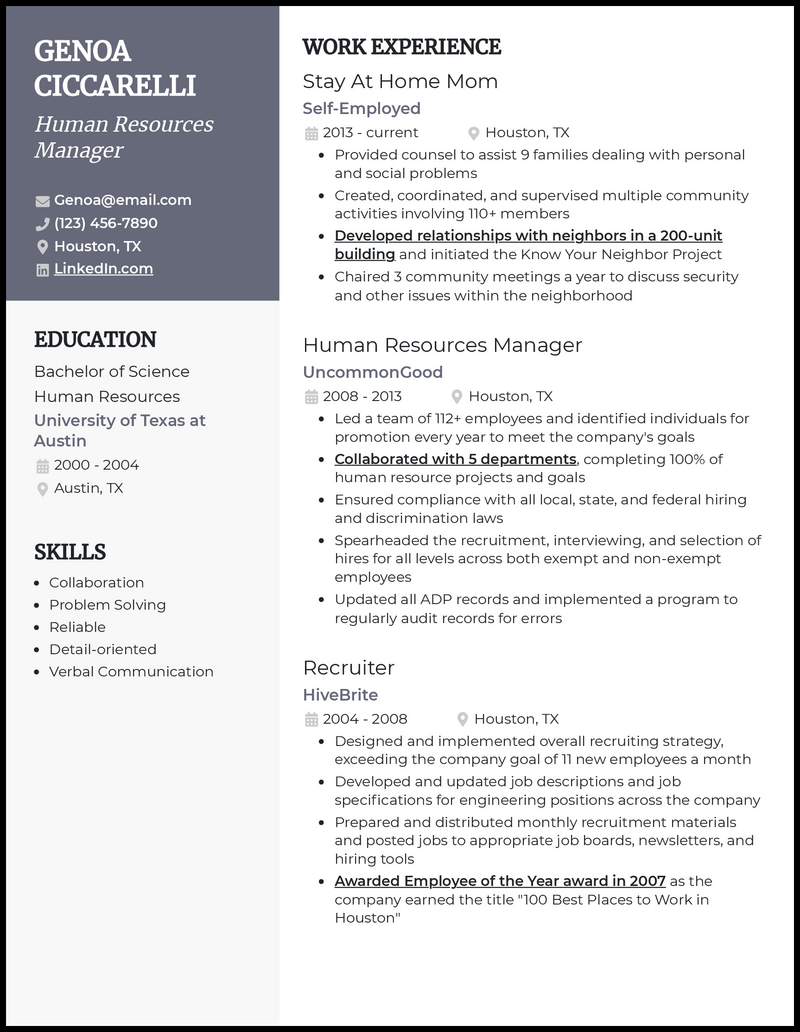 3 Stay At Home Mom Returning To Work Resume Examples