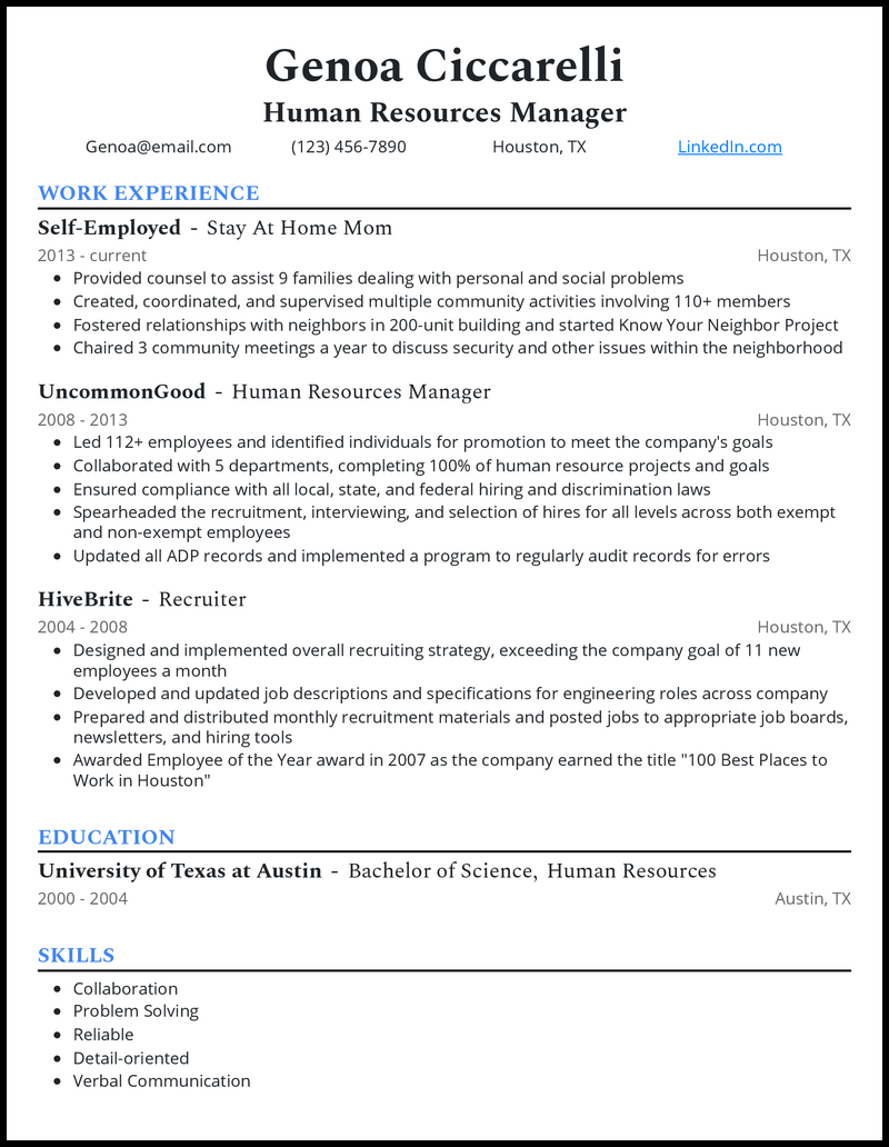 stay at home mom returning to work resume examples