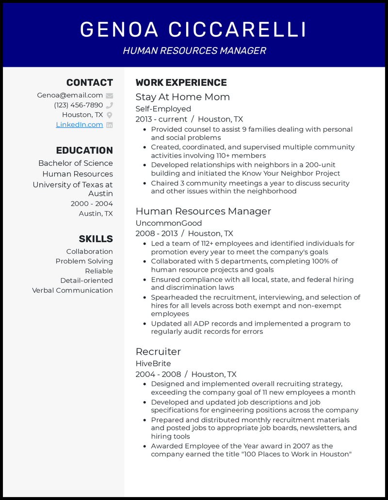 Resume Template For Homemaker Returning To Work