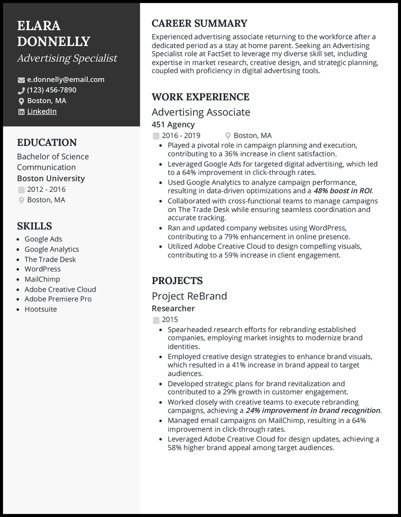 housewife going back to work resume