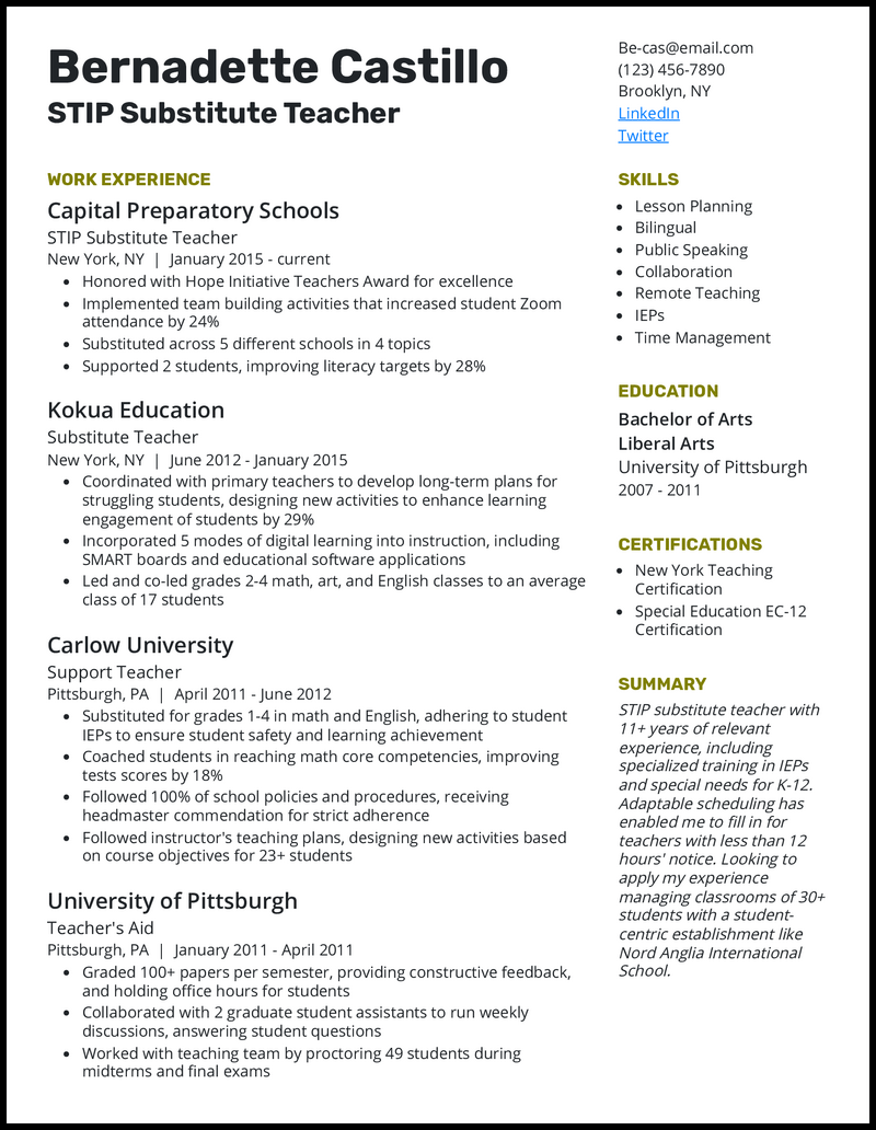 11 Substitute Teacher Resume Examples for 2024