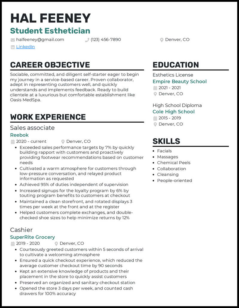 Student Esthetician Resume Template