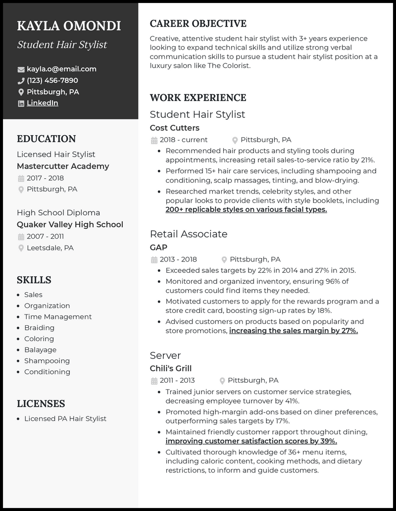 Clean student hair stylist resume example with 5+ years experience