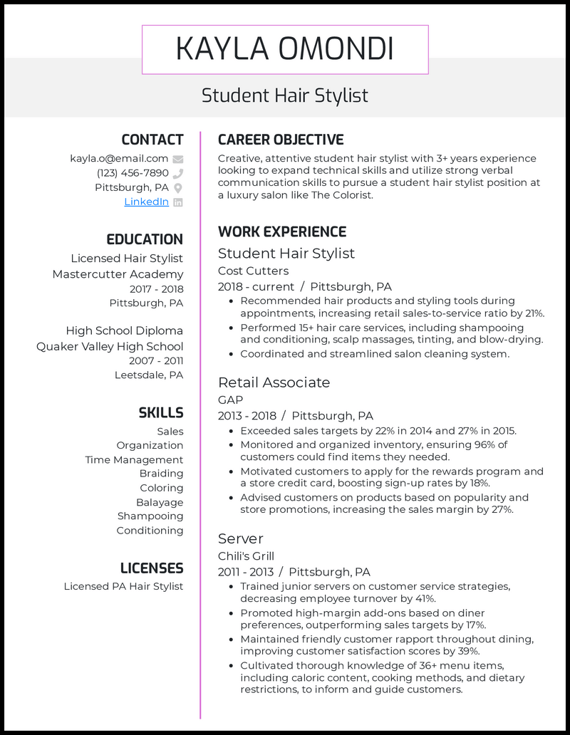 Student hair stylist resume example with 4 years of experience