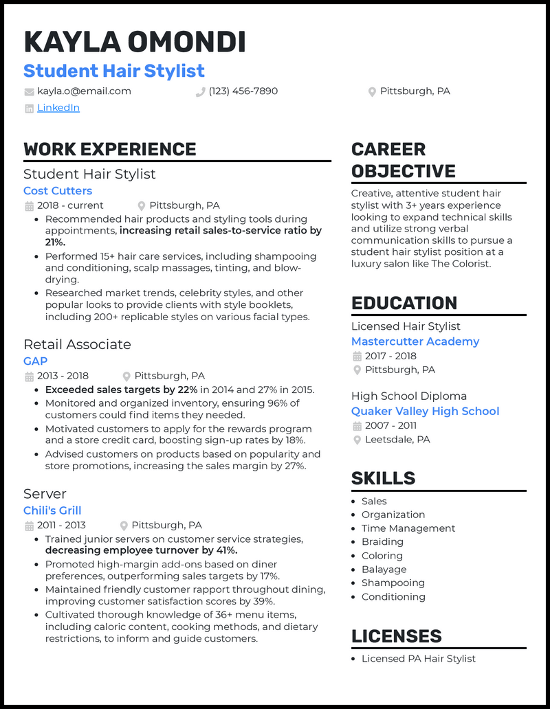 Student hair stylist resume example with 5+ years experience