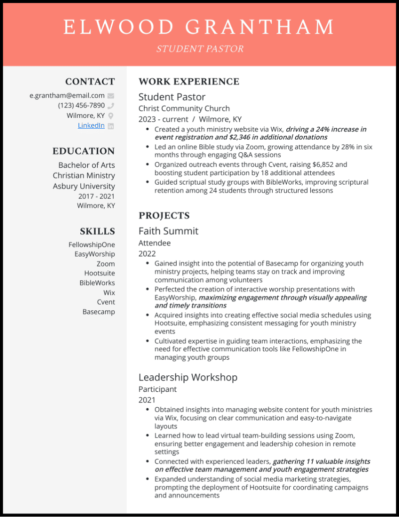 Student pastor resume example with church project experience