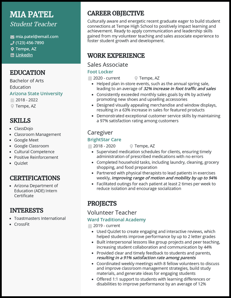 resume for teaching graduate