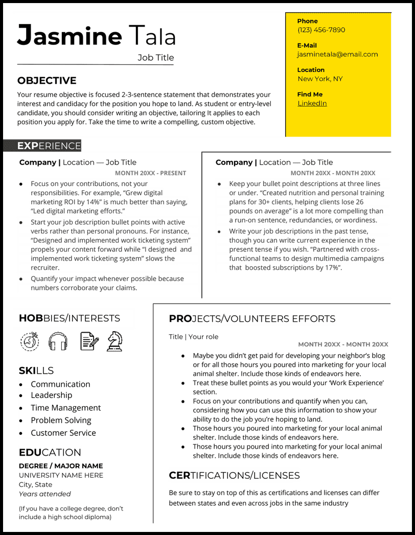 Student Word resume template with yellow contact header