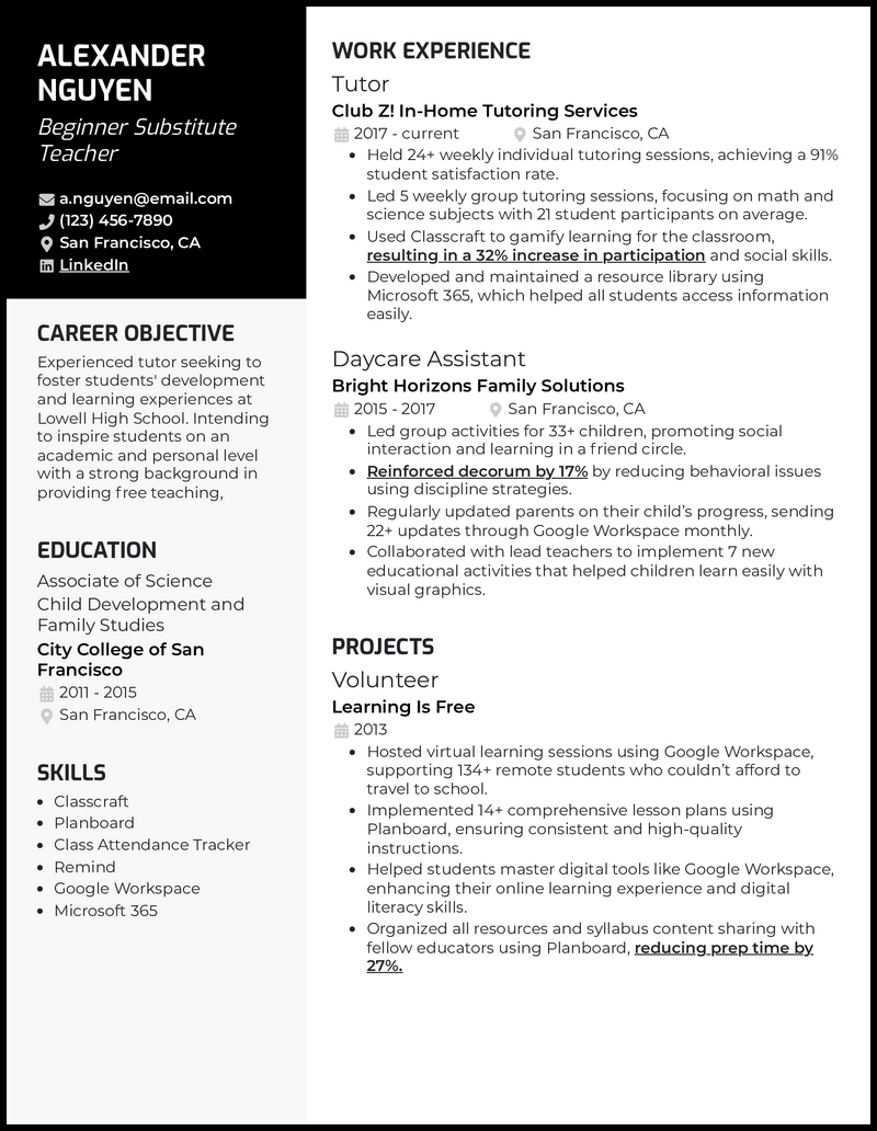 Substitute teacher no experience resume example