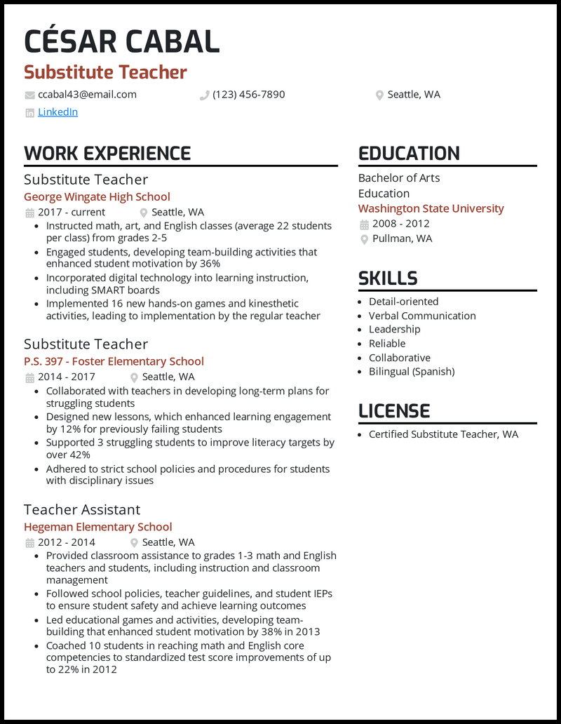 Substitute teacher resume example with 10 years of experience