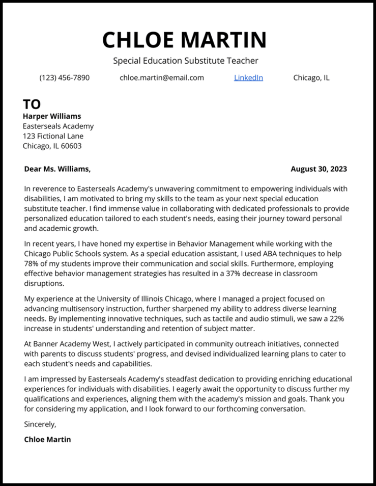 Substitute teacher with experience cover letter template