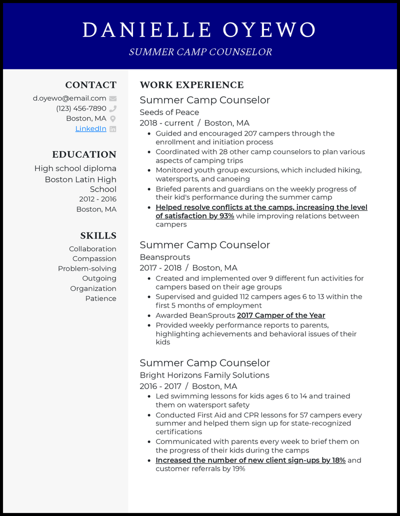 Formal summer camp counselor resume example with 5+ years experience