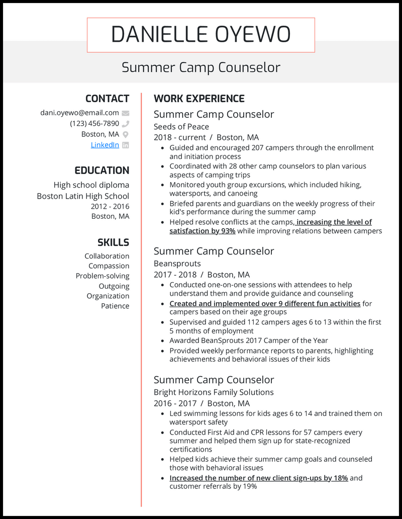 Summer camp counselor resume example with 6 years of experience