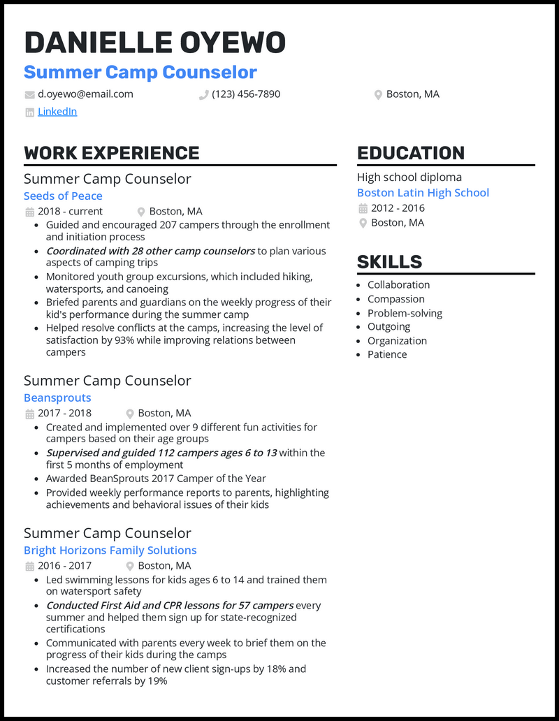 Professional summer camp counselor resume example with 5+ years experience