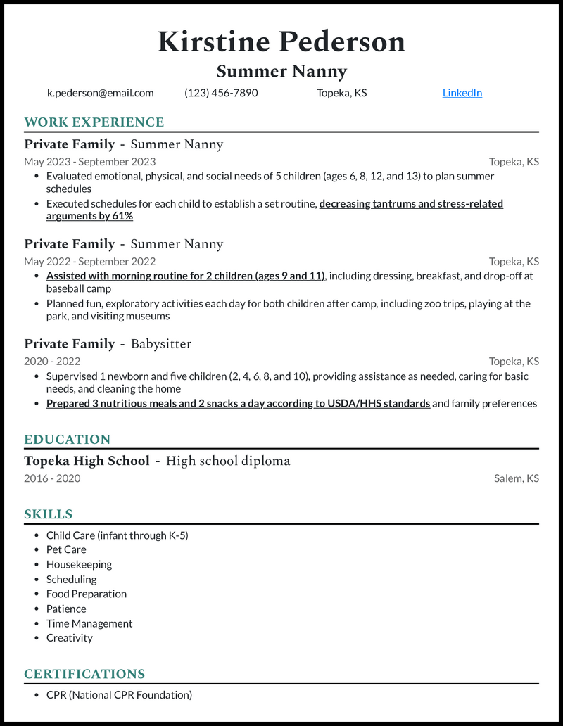 resume sample for nanny job