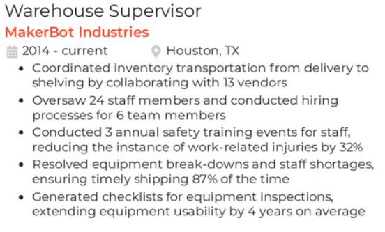 Warehouse supervisor work experience metrics on resume example