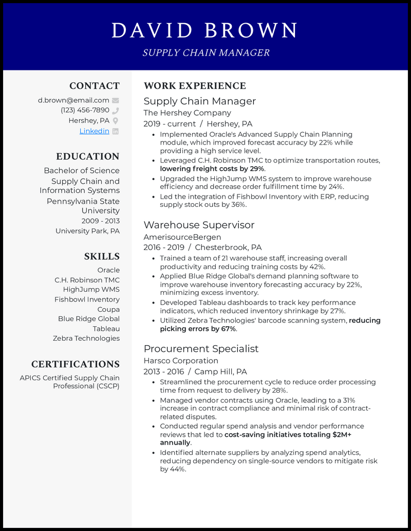 Supply chain manager resume example with 10 years experience