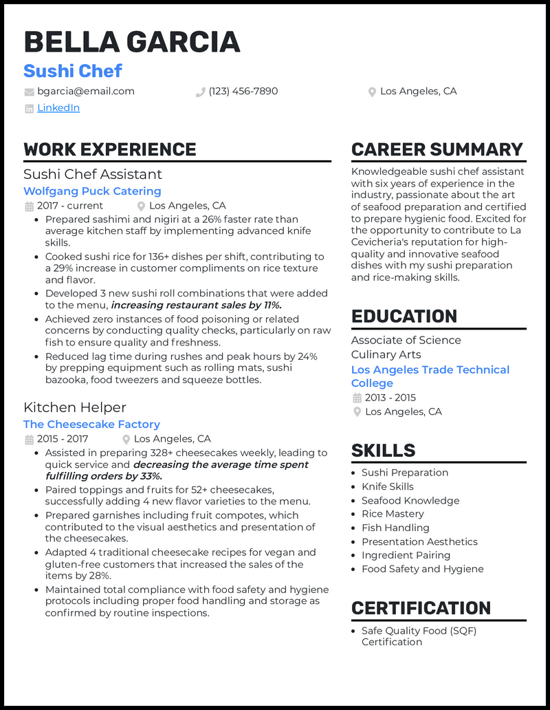 Sushi chef resume example with 6 years of experience