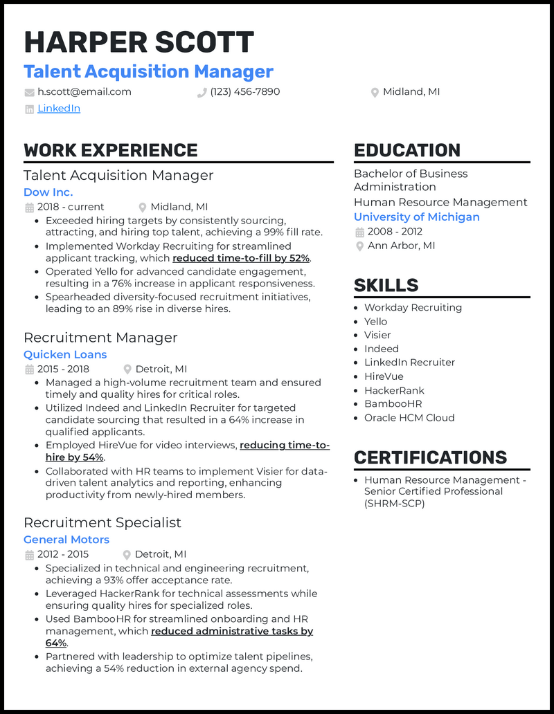 Talent acquisition manager resume example with 11 years of experience