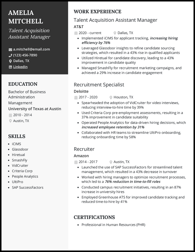 Talent acquisition resume example with 9 years experience