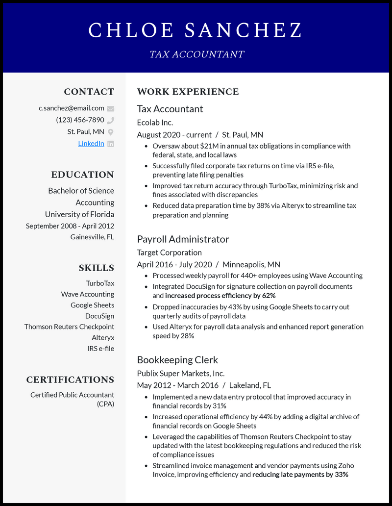 Modern tax accountant resume example with 8+ years experience