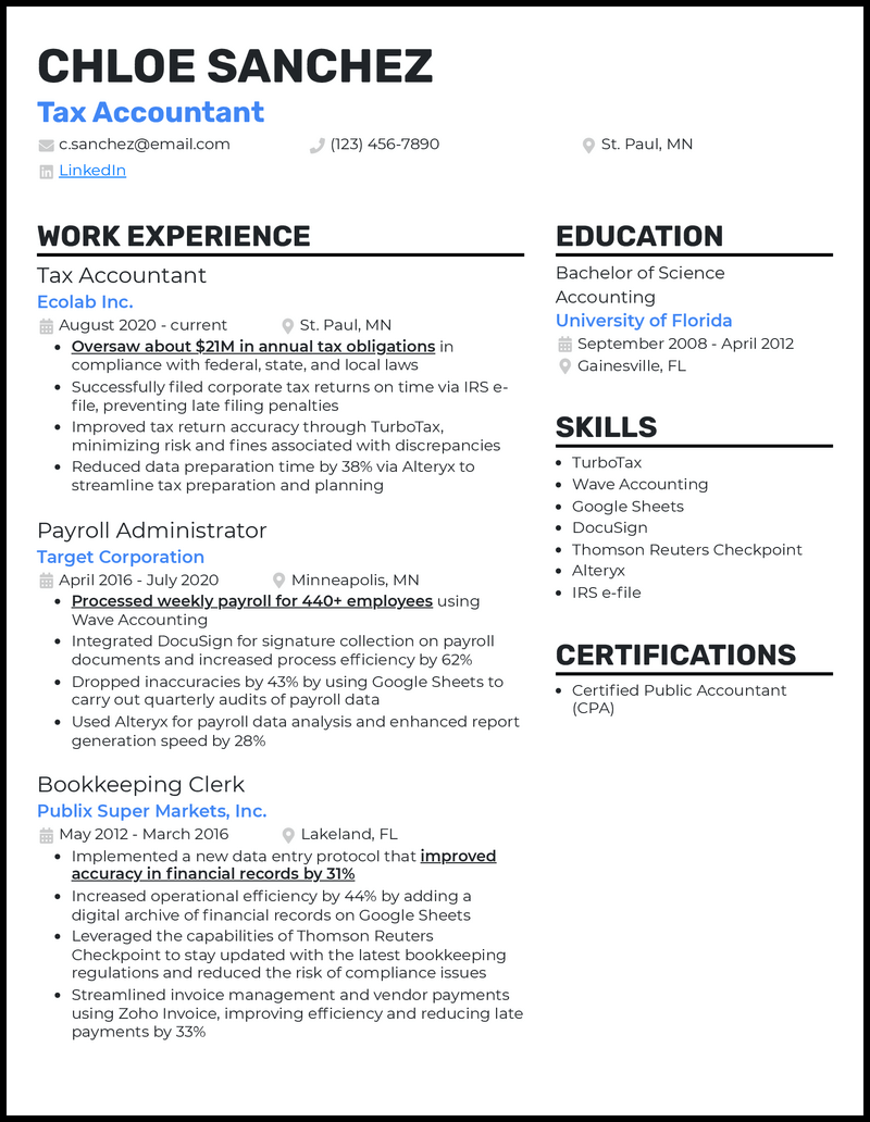 Clean tax accountant resume example with 8+ years experience