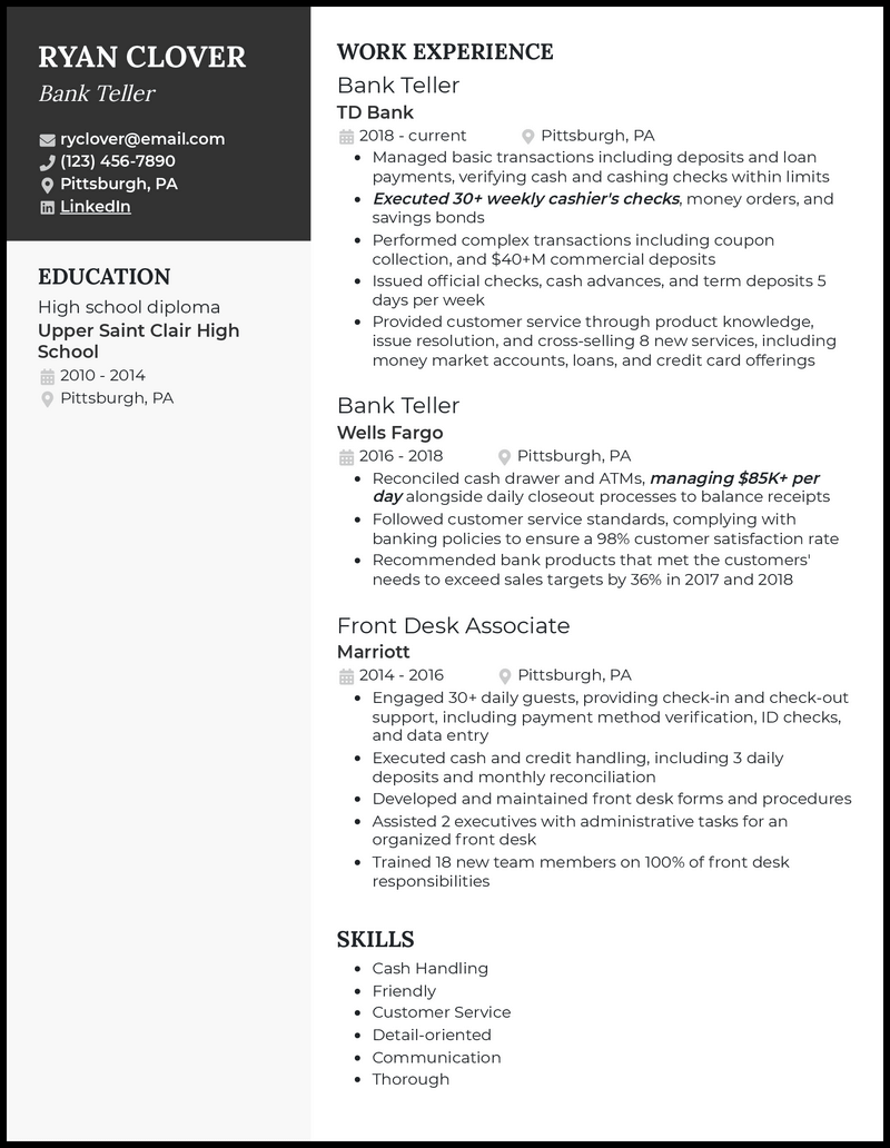 Td bank teller resume example with 7+ years experience