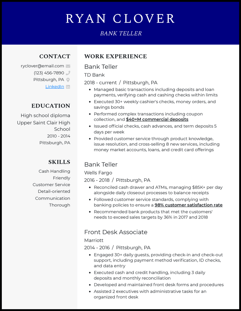 Formal td bank teller resume example with 7+ years experience