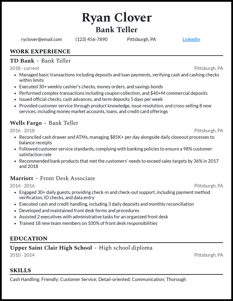 Elegant td bank teller resume example with 7+ years experience