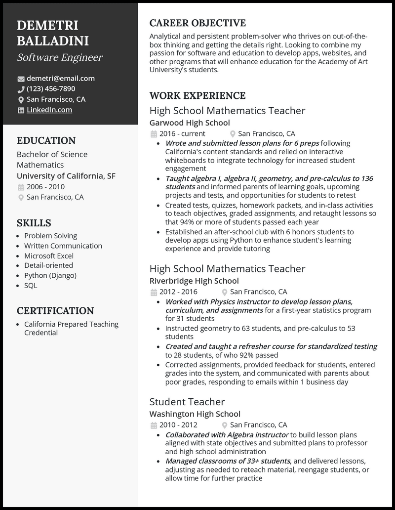 Professional teacher career change resume example