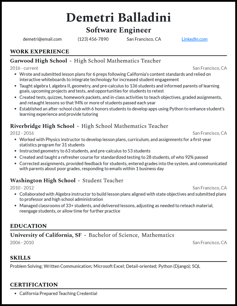 Formal teacher career change resume example