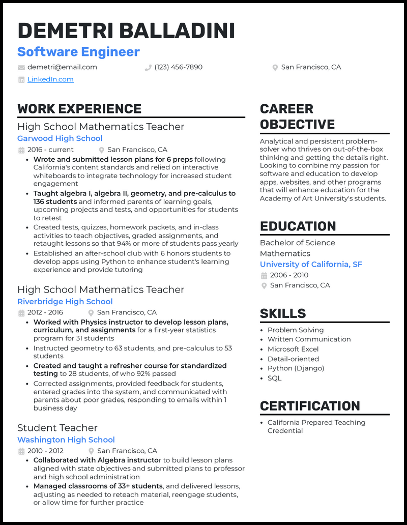 Resume For Teacher Switching Careers   Teacher Career Change Standout Resume Example 