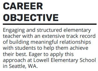 Elementary teacher career objective on resume example