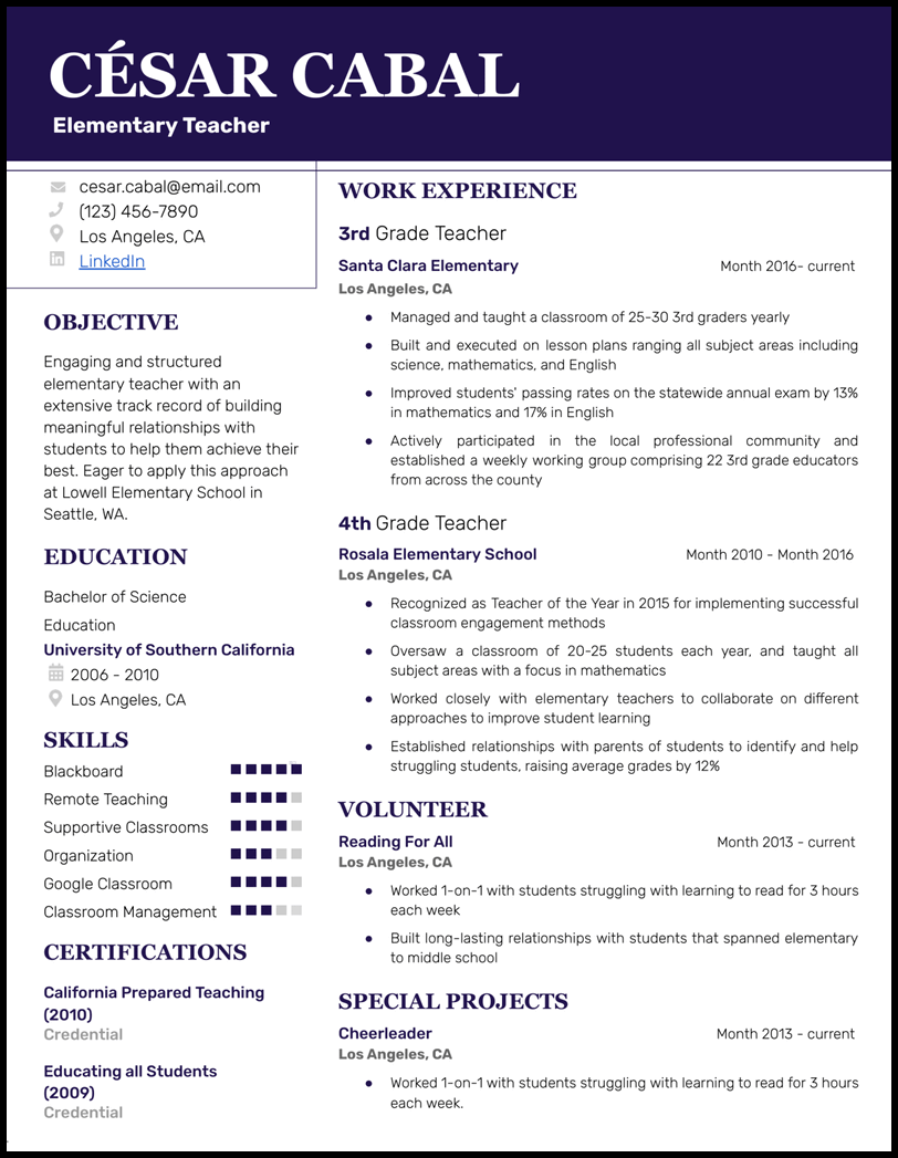 Elementary teacher Google Docs resume template with 13 years of experience