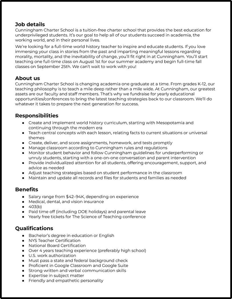 Teacher Job Description Template