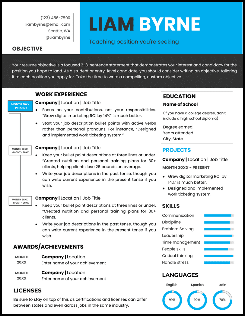 A teacher of the year Word resume template with blue and black color blocks