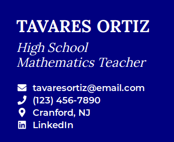 High school mathematics teacher blue contact header on resume example