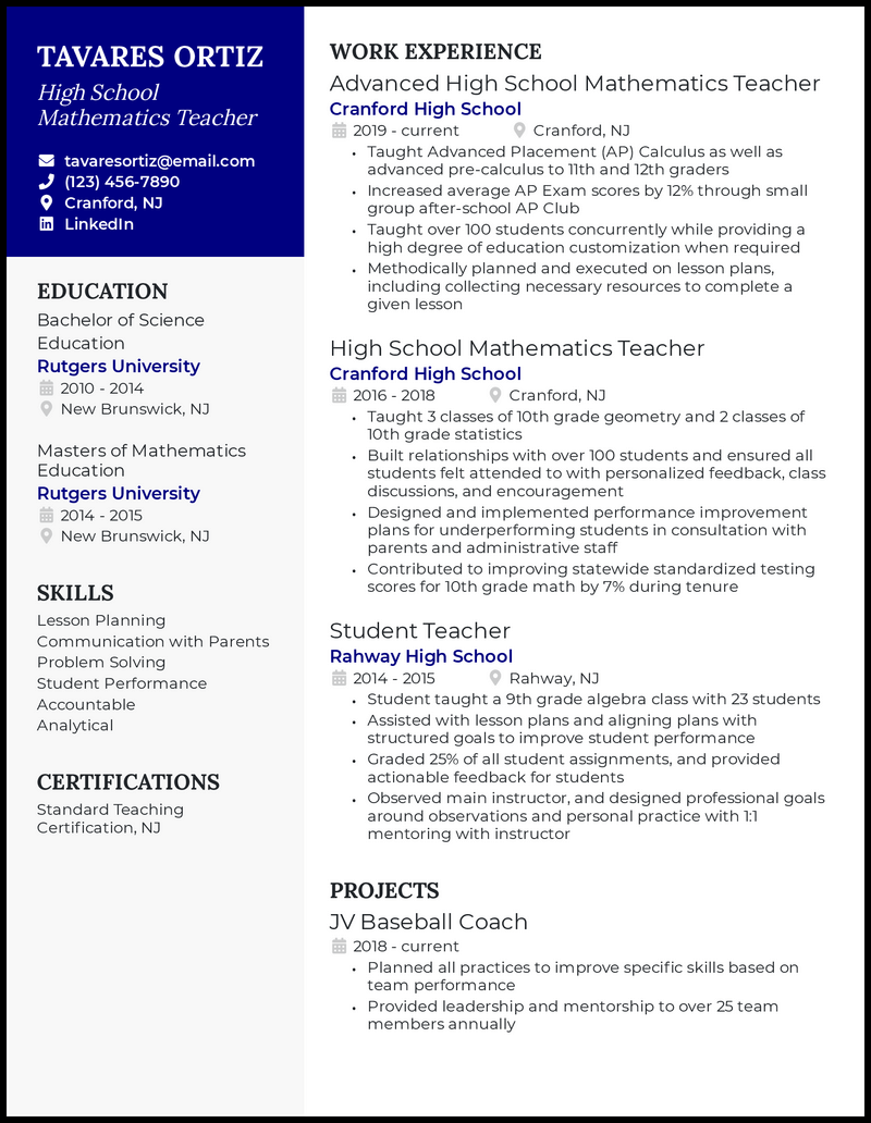 Teacher resume example with 7 years of experience