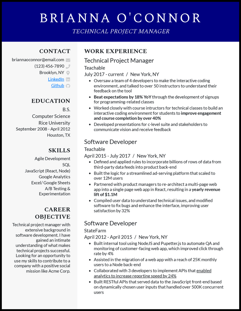 Technical project manager resume example